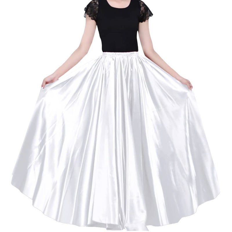Backgarden Ladies 90cm Satin Maxi Midi Skirt Long Dress Elastic Waist for Belly Dance Princess Party Cosplay Costume (White) - Image 1